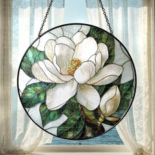 White Magnolia Glass Suncatcher, Flower Window Hanging, Mom Birth Flower