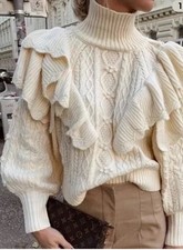 ZARA S-M rare Ecru/Cream Warm Ruffled Cable Knit Balloon Sleeve High Neck Jumper