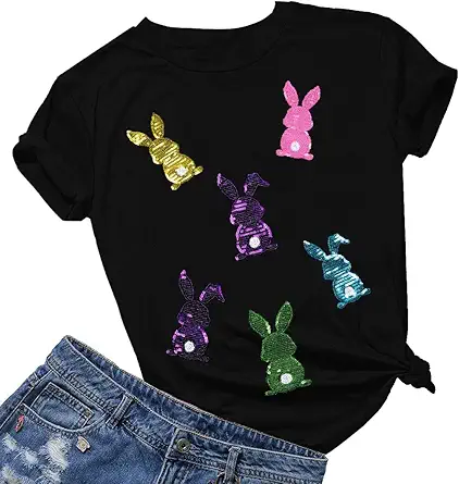 Happy Easter Shirts Women Sequin Bunny Shirt Cute Rabbit Graphic T Shirt Funny E