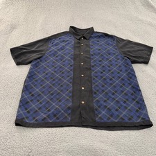 Tommy Bahama Shirt Mens XL Silk Short Sleeve Button Up Black Blue Plaid Panel