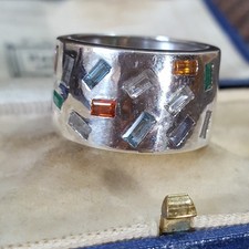 Sterling Silver Ring Emerald Hessonite Aquamarine Topaz Wide Band UK Size O.5