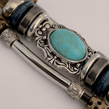 Men  s Rugged Multi Strand Bracelet - Brown PU Leather with Turquoise Blue Stone