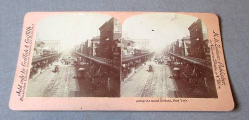 1890'S NEW YORK CITY- NOTED BOWERY  STREET VIEW- HORSE WAGON SCENE STEREOVIEW