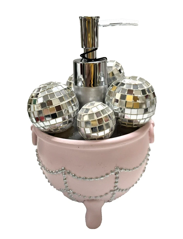 NUEVO DISPENSADOR DE JABÓN KASSATEX ROSA, RESINA PLATEADA, MOSAICO MIIROR, TAZÓN ARAÑA Foto 3 de 4