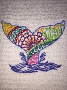 Embroidered White Kitchen Bar Hand Towel Mehndi Whale Tail