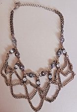 16.5 " LONG VINTAGE VICTORIAN STYLE GOLD TONE BIB NECKLACE W/RHINESTONES