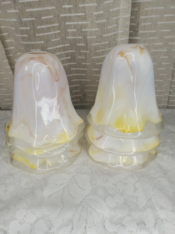 Art Glass light Shade covers set of 6, frosted inside, Yellow beige white swirl - Image 2 of 4