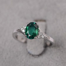 925 Sterling Silver Green Emerald Women Ring Lab Created Oval Gemstone Ring