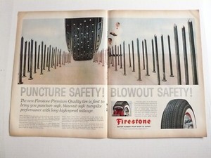 1959 Firestone Tires running over nails centerfold Vintage Print Ad