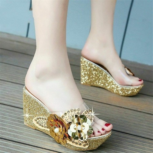 Damen Pantoletten Schuhe schicke hohe Keilabsatz Sandalen Kristall Plateau PVC Hausschuhe Pump - Bild 1 von 15
