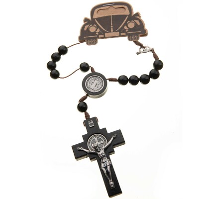Car Auto Rosary Beads St Benedict Black Wood Catholic��Cord Rear View Mirror