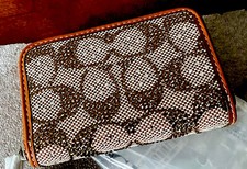 ORIG. PKG. Coach Crystal Signature Jacquard  Leather Small Zip Card Case Wallet