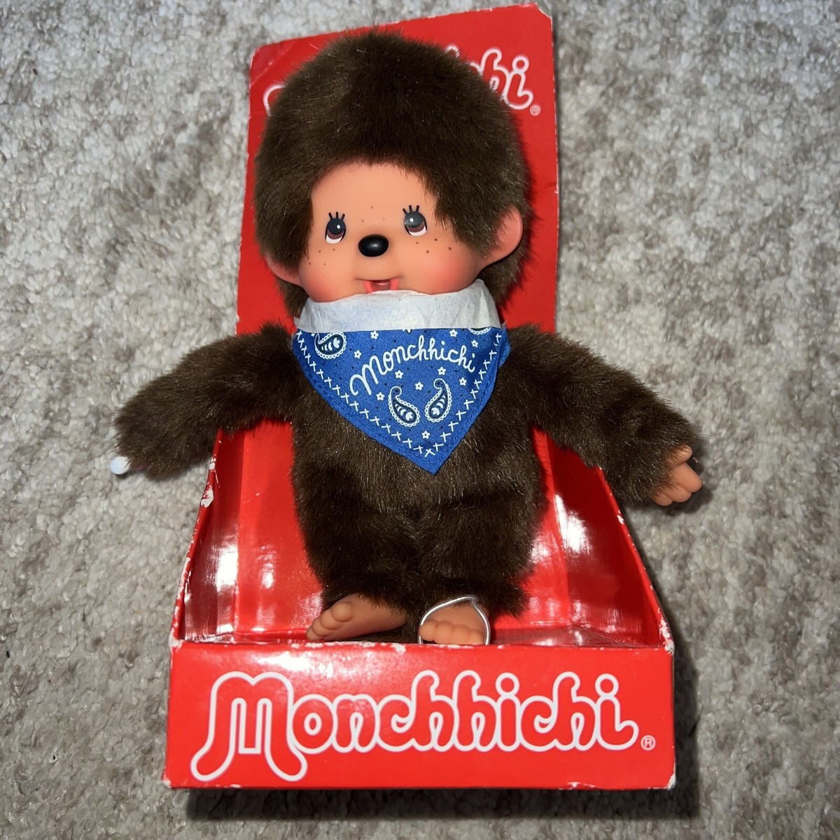 Monchhichi Brown Monkey Blue Bib Boy Sucking Thumb Plush - 7