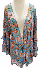 Umgee Kimono Women's Medium Blue Mix Bell Ruffle Sleeve Sheer Gypsy New