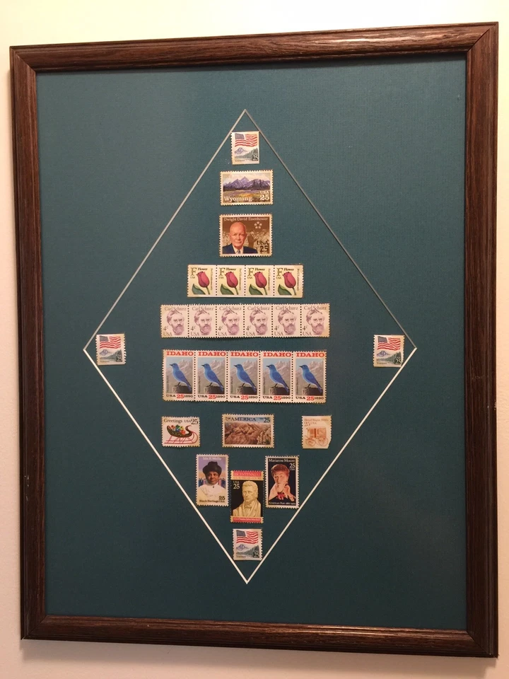 Estampillas de Estados Unidos enmarcadas 19”x14,5” 25 centavos F flor 4 centavos América Foto 3 de 4