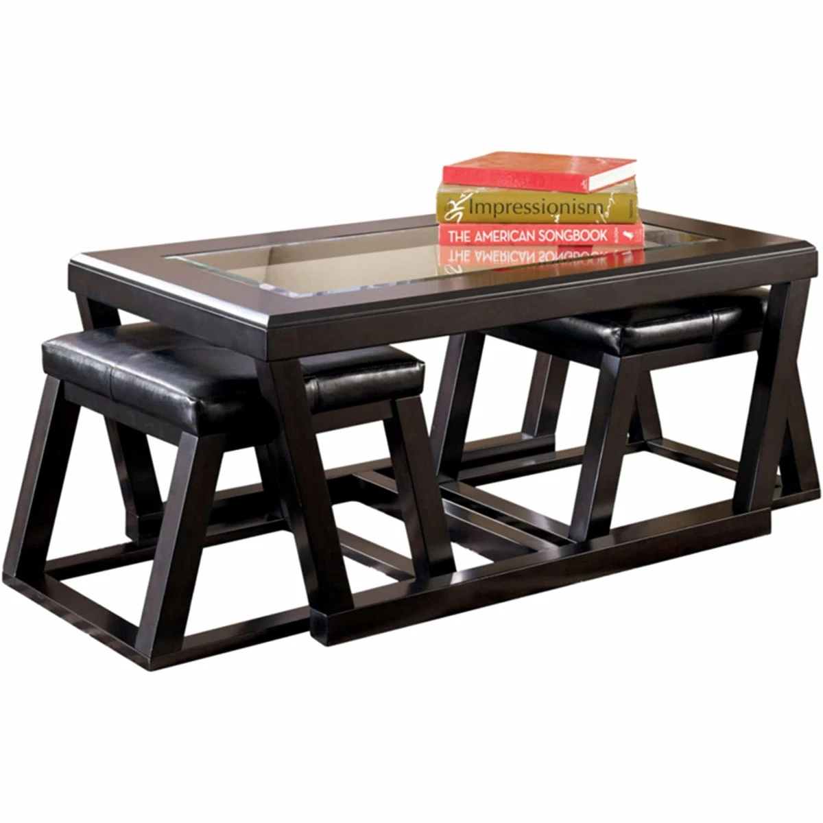 3 Piece Set Glass Top Coffee Cocktail Table 2 Upholstered Nesting