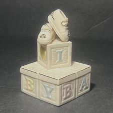 Vtg Lenox Porcelain Lidded Baby Trinket Box Blocks & Baby Shoes 4.25 x 2.5 Sq