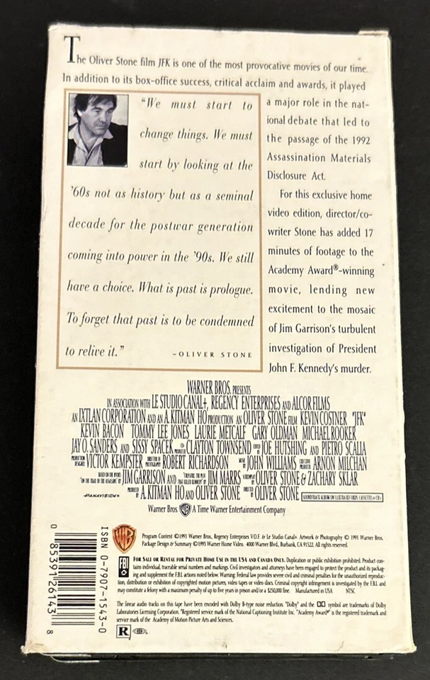 JFK John F. Kennedy Kevin Costner An Oliver Stone Film Director's Cut VHS Tape Foto 4 de 4