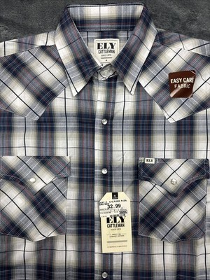 Ely Cattleman Plaid Button Down Pearl Snap Shirt Men Size M Burgundy Navy