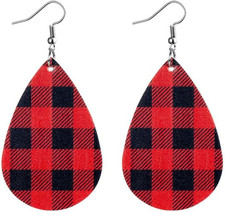 Buffalo Plaid Earrings for Women Christmas Red Leather Cute Dangle Lightweight F