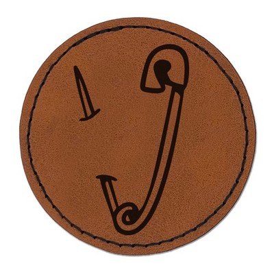 Safety Pin Needle Piercing Round Engraved Faux Leather Patch Applique - 2.5 Inch