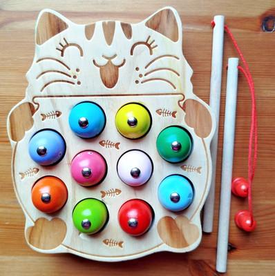 Holz Angelspiel Kinder Motorikspiel Katze Fische Lernspiel