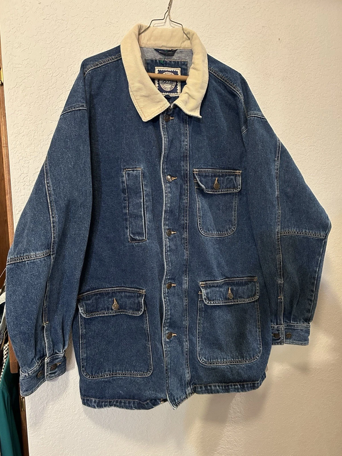 GH Bass Denim Cotton Jacket XL Long 4 Pocket Faux Vents In Back
