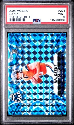 2024 Panini Mosaic Bo Nix NFL DEBUT ROOKIE RC #271, REACTIVE BLUE PRIZM, PSA 9