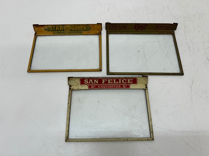 3 Vtg Cigar Box Glass Display Cover Lid Advertising Cinco San Felice Star Green