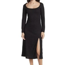 ASTR The Label Knit Midi Dress Black Long Sleeve Scoop Neck Slit NEW Size Small