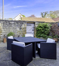 Rattan Effect 5-Piece Garden Dining Set Square Table 4 Chairs Grey Cushions