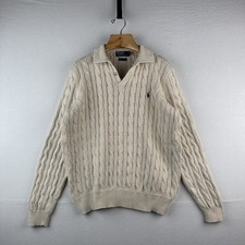 Vintage Polo Ralph Lauren Mens XL Cream Collared Cable Knit Sweater Pima Cotton