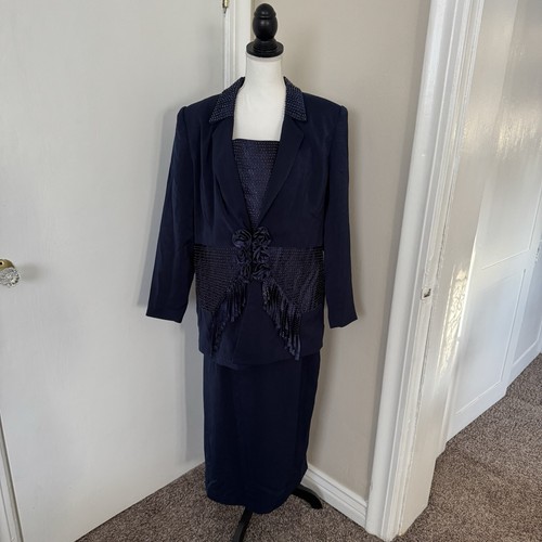Lisa Rene Skirt Suit Women's 12 Navy Blue Roses Formal Suit Mother of the Bride - Picture 2 of 17