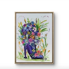 Original 9"x12" Flowers in a Boot Gallery Mixed Media PAPER Art