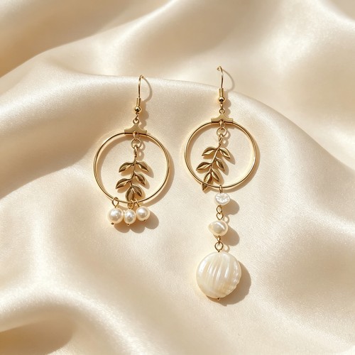 Women Asymmetric Gold Hoop Earrings Leaf Pearl Shell Dangle Hook Jewelry