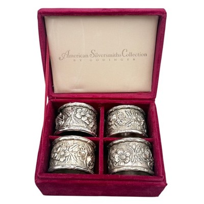Godinger American Silversmiths Floral Silver Plated Napkin Rings Set of 4 Box