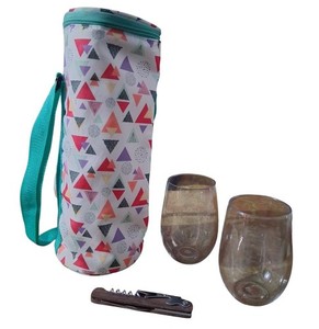 Wine Cooler Insulated Tote with 2 Plastic Glasses & Bottle Opener~New Unused