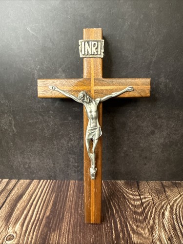 Vintage Wood Metal Crucifix INRI Jesus Plaque Wall Hanging Religious