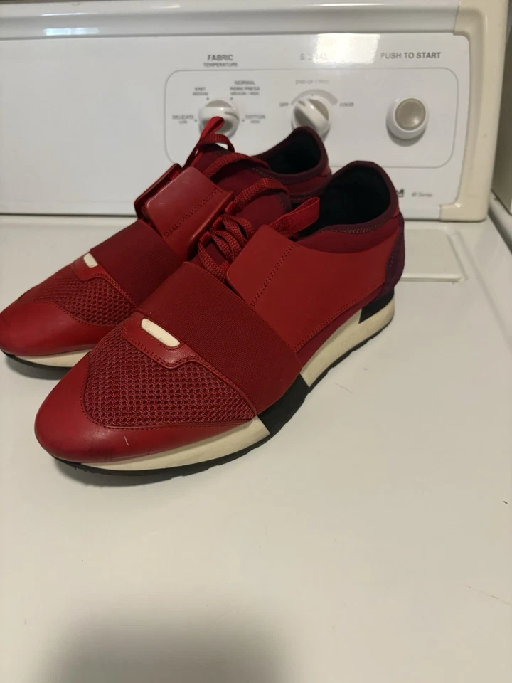 Balenciaga Red Mesh And Leather Race Runner Low Top Sneakers - Image 4 of 4