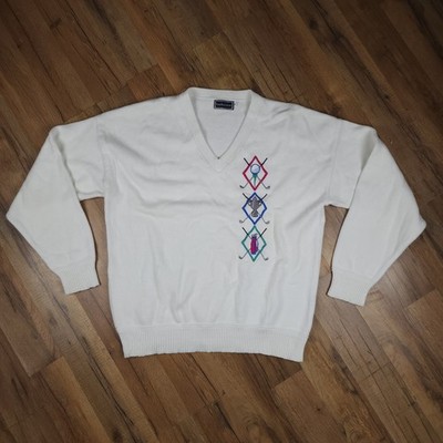 Vintage Golf Sweater Mens Large White Embroidered Court House Square USA 90s