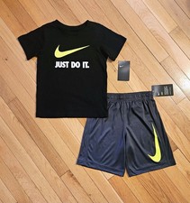 NEW Nike Little Boy Cotton Tee Dri-fit Short Set, Black/Green sz 7