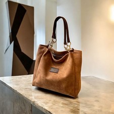 Borsa a tracolla Marco Polo marrone ecopelle scamosciata stile tote cerniera colore oro catena