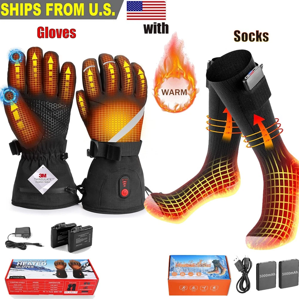 Electric Heated Socks Rechargeable Battery Winter Men Women Socks+Heated Gloves