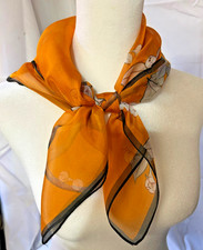 26 Inch Medium Square Orange, Tan and Black Floral Pattern 100 Silk Scarf-SS-33