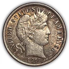 1911 Barber Silver Dime Almost Uncirculated AU Coin, Cleaning #24701