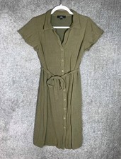Lulus Linen Blend Button Up Dress M Beachy Casual Olive Green Belted Collared