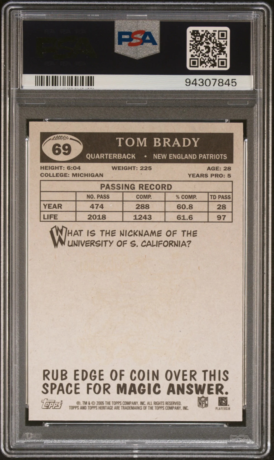 2005 Topps Heritage Tom Brady #69 PSA 10 view 2