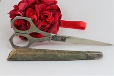 Antique D. Peres Solingen Germany Scissors Green Enamel w/ Leather Scabbard