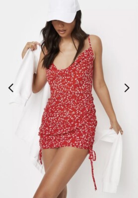 Missguided Tall Red Floral Runched Side Cowl Neck Mini Dress NWT