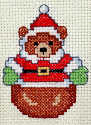 Cross Stitch Multicolor Roly-Poly Teddy Bear Santa Holiday Finished Piece